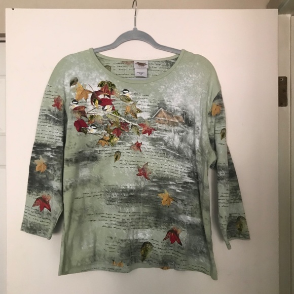 Pleasant Shade Tee Top 2x Birds Barns Leaves 3/4 Sleeve Cotton Bedazzled Bling - Picture 2 of 8
